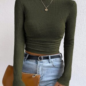 Solid Color Waffle Knit Pleated Side Short T-Shirt
