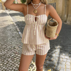 Resort-style Striped Top With Tie Detail And Age-defying Casual Shorts Set