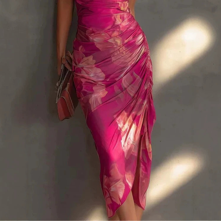 Strapless Backless Printed High-slit Dress - الصورة 6