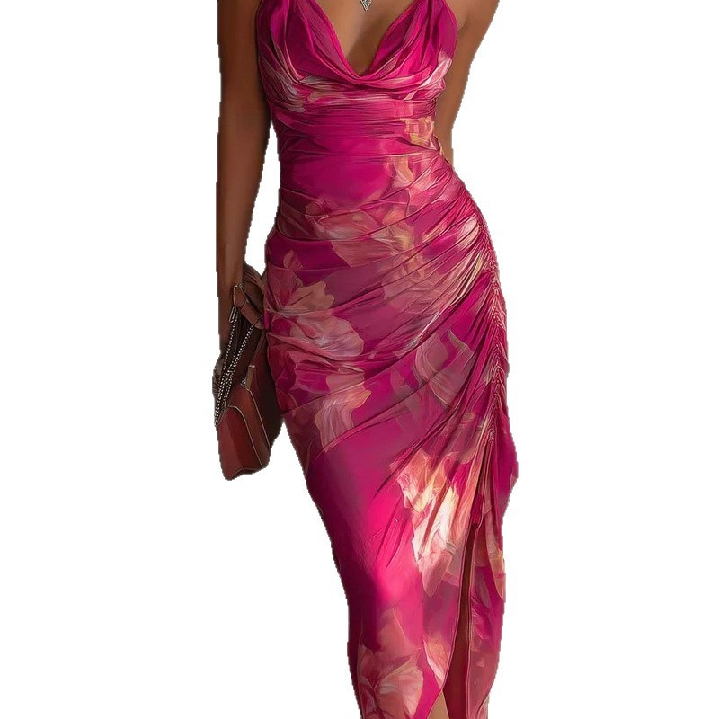 Strapless Backless Printed High-slit Dress - الصورة 3