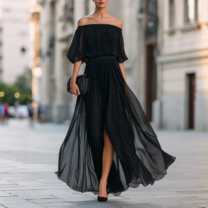Womens Off-shoulder Pleated Chiffon Maxi Dress