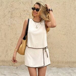 Resort-Style Color-Block Trim Sleeveless Top Shorts Set