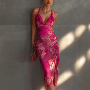 Strapless Backless Printed High-slit Dress