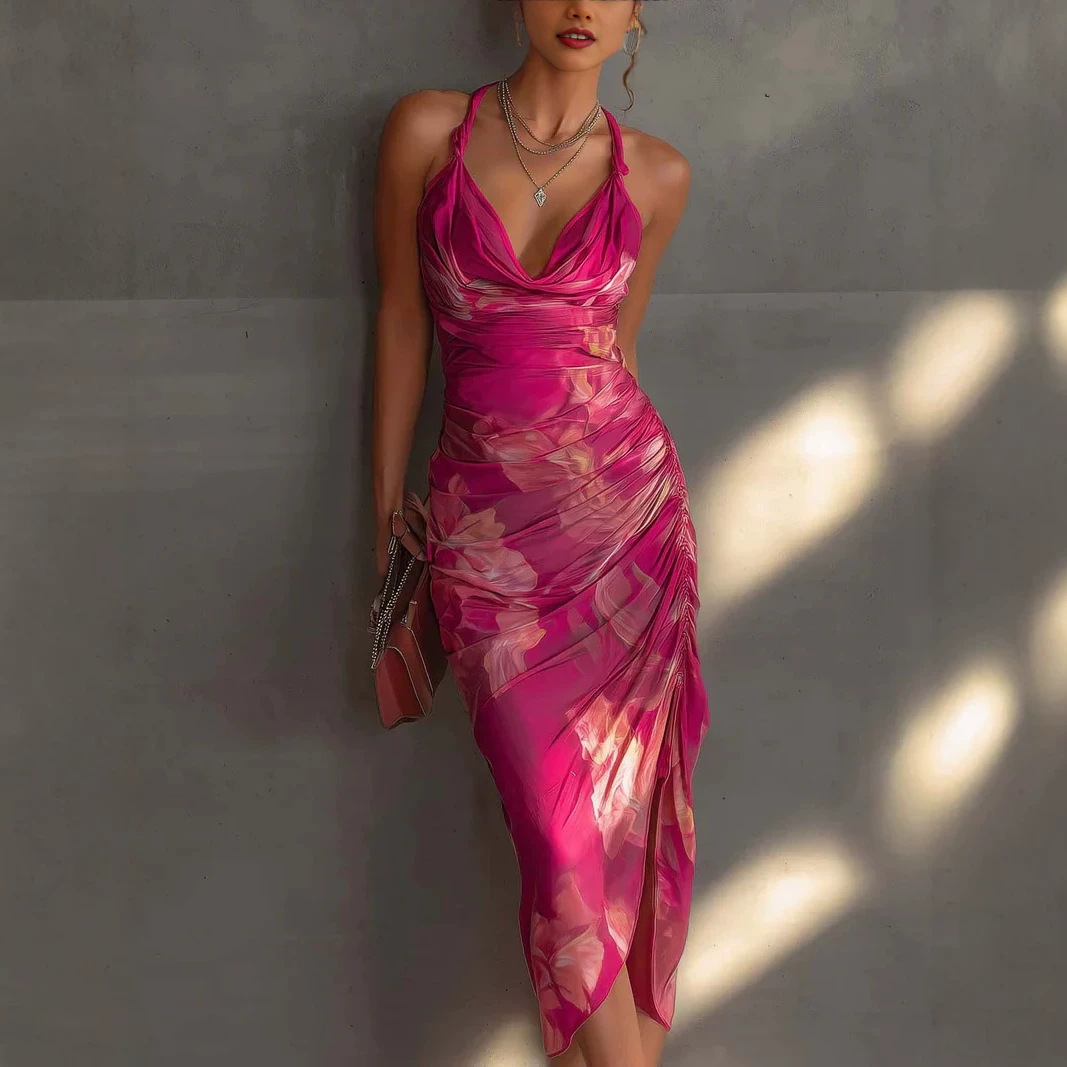 Strapless Backless Printed High-slit Dress