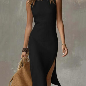 Solid Sleeveless High Neck Slit Knit Midi Dress