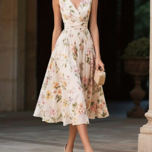 Floral Print V-Neck Sleeveless Midi Dress, Waisted Flowy Summer Dress