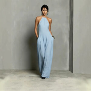European And American Resort-style White Pleated Backless Wide-leg Jumpsuit