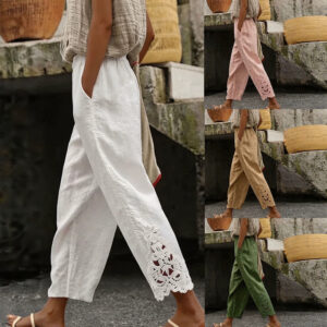 Cotton-linen Loose-fit Solid-color Casual Straight-leg Pants With An Elastic Waist And Lace Trim