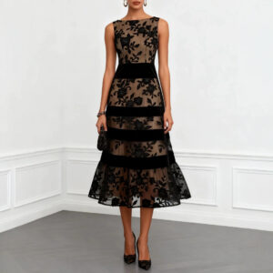 Black Mesh Flock-print Jacquard Patchwork Slim-fit Dress