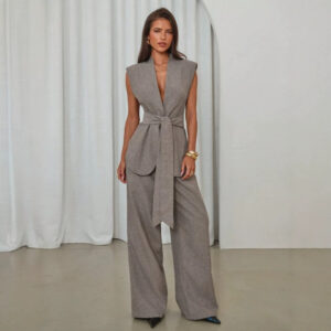 V-neck Sleeveless Lace-up Vest And Wide-leg Pants Two-piece Set