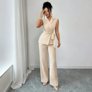 Womens Solid-Color Vest And Straight-Leg Pants Set
