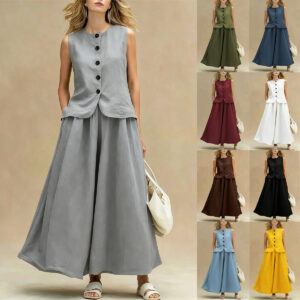 Solid-color Sleeveless Button-front Casual Top And Long Skirt Two-piece Set