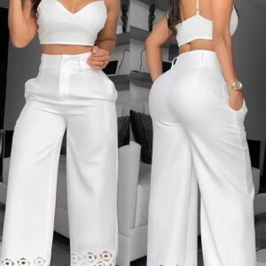 Women's Solid Cami Top And High Waisted Cutout Wide Leg Pants Set, Casual Two-Piece Outfit