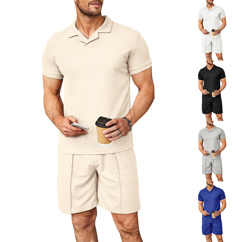 Summer New Waffle V-neck Polo Shirt Men’s Suit