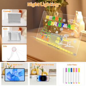 لوحة رسم أكريليك بإضاءة LED، قابلة للمسح، للكتابة والرسم، مزودة بحامل ومنفذ USB، ولوحة رسائل وإضاءة ليلية.